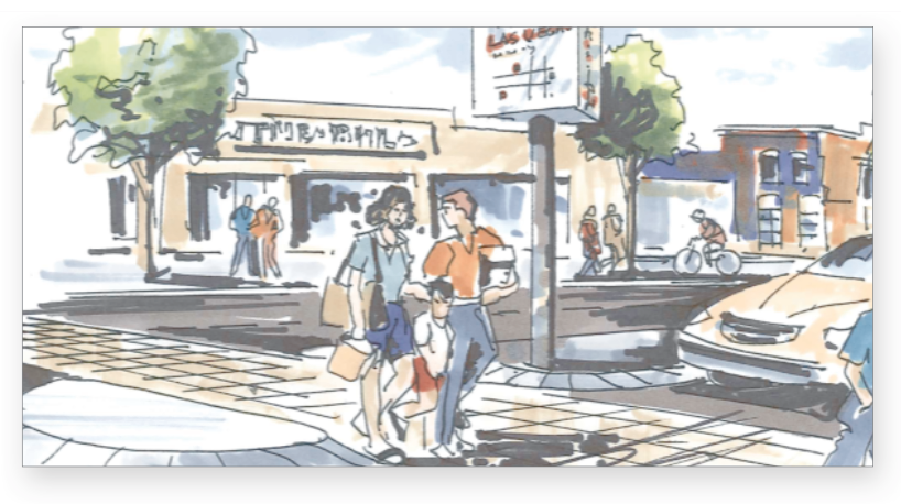 An illustration of stores and families shopping.