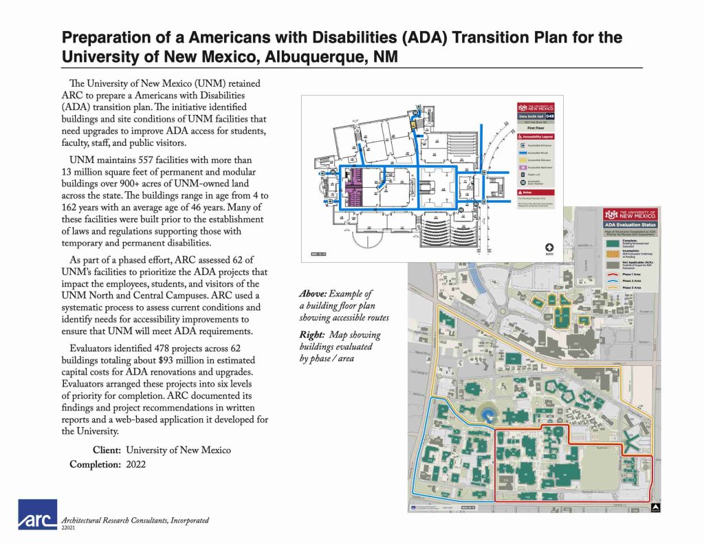 A thumbnail of a project sheet for the Preparation of an Americans with Disabilities Act (ADA) Transition Plan for the University of New Mexico.