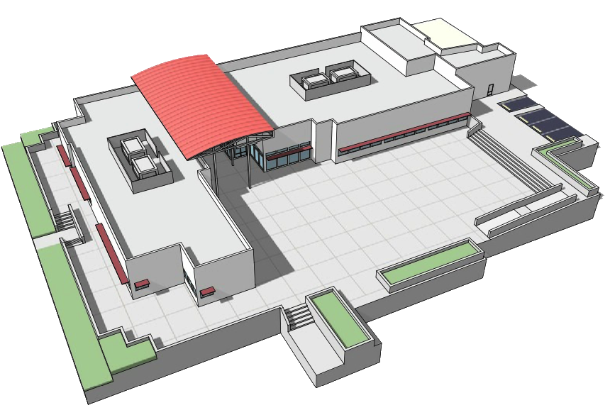 A three-D illustration of a building with a plaza.
