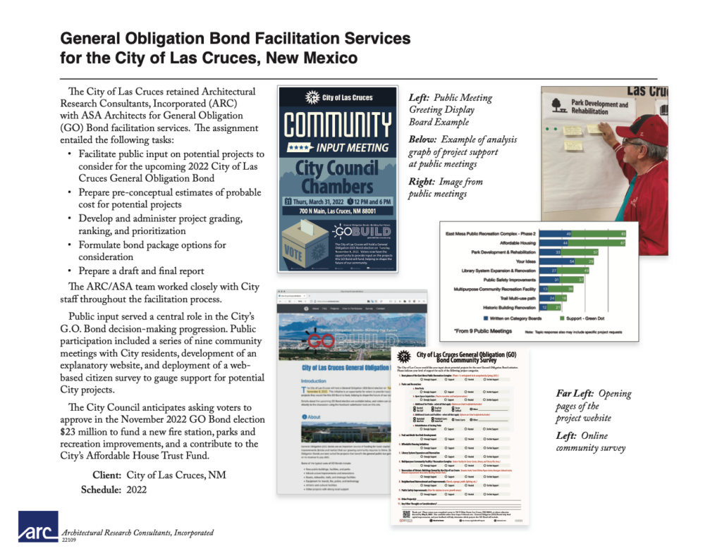 Thumbnail image of a project sheet for General Obligation Bond Facilitation Services for the City of Las Cruces, New Mexico.